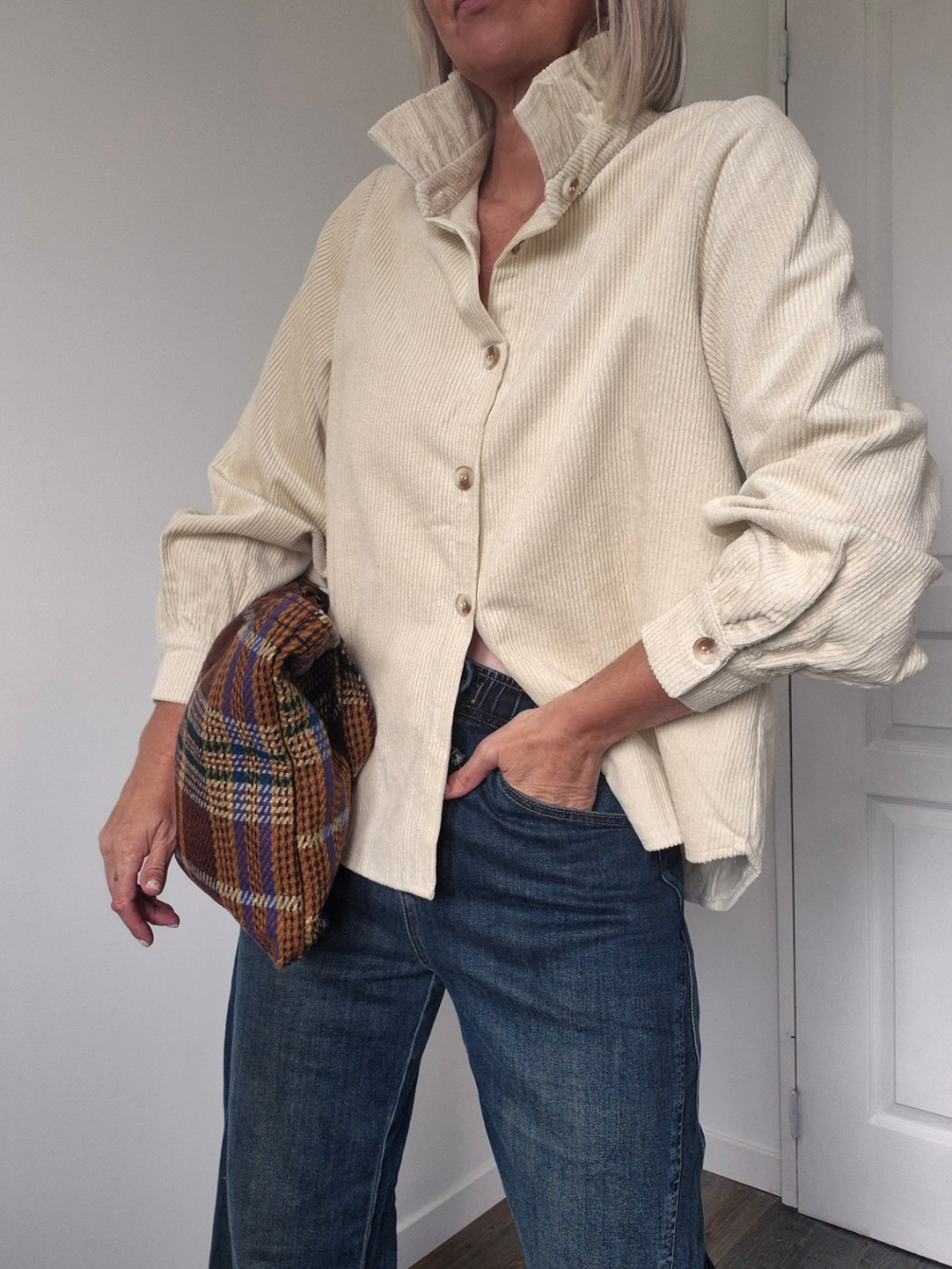 Chemise Velours Oversize Col Victorien "Lou" – Écru, 100% Coton