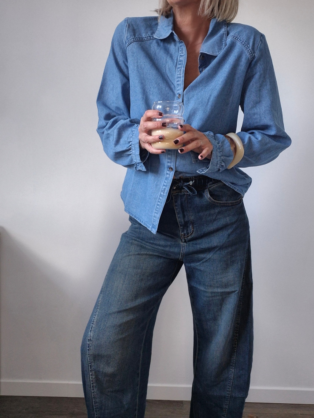 Chemise jean bleu « Azurine » – Col Arrondi, Manches Ballon – Image 2