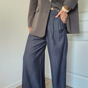 Pantalon Large à Pinces “Élisa” – Bleu Brut ou Gris Noir