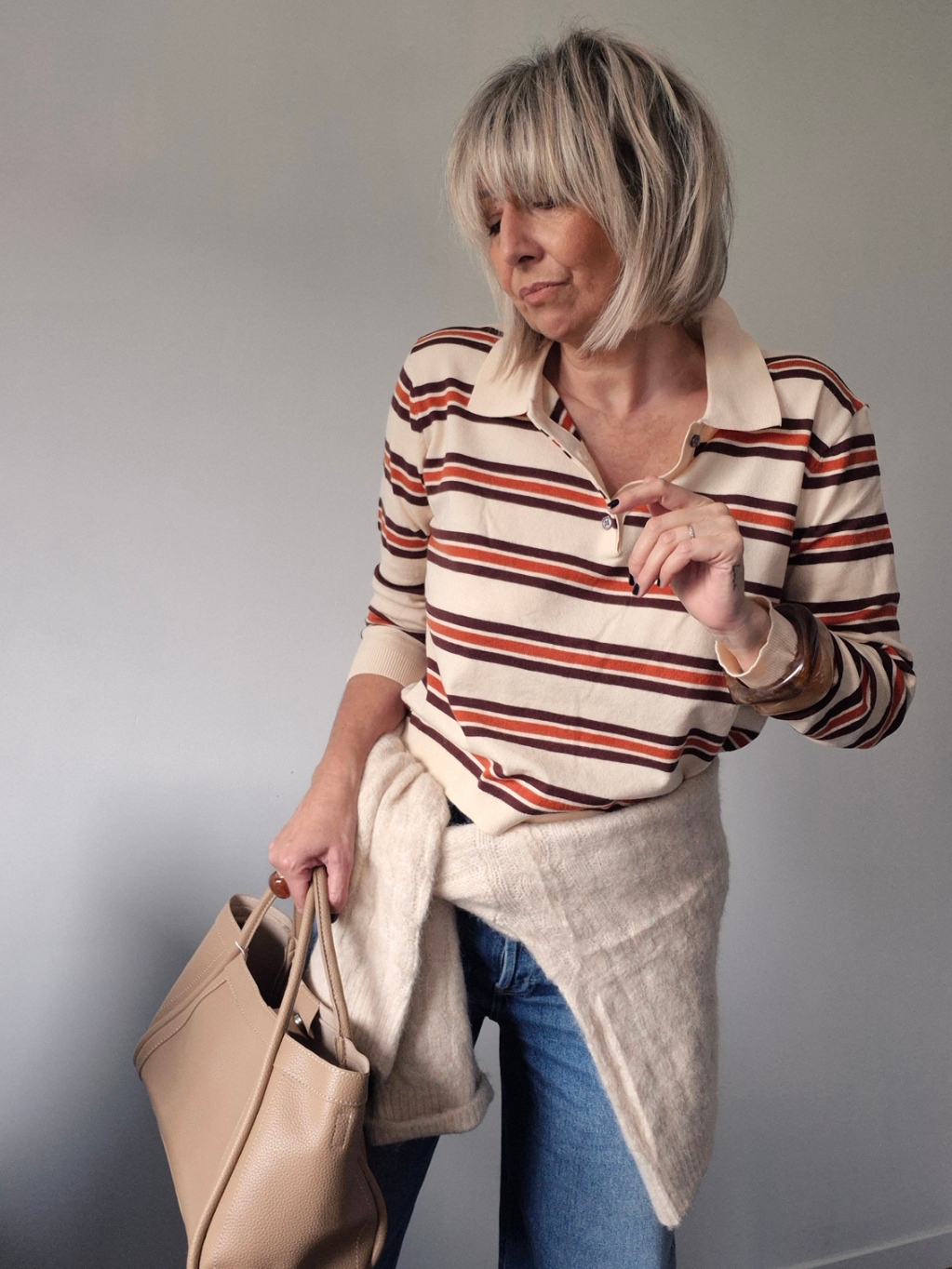 Pull forme polo fin rayé "Églantine" – mélange de laine